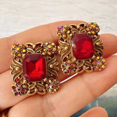Vintage Red Crystal Square Earrings – Baroque Gold Rhinestone Studs Gift for her