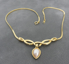 Victorian Revival Scroll Necklace Faux Pearl Drop Cobra Chain Choker Granny Core