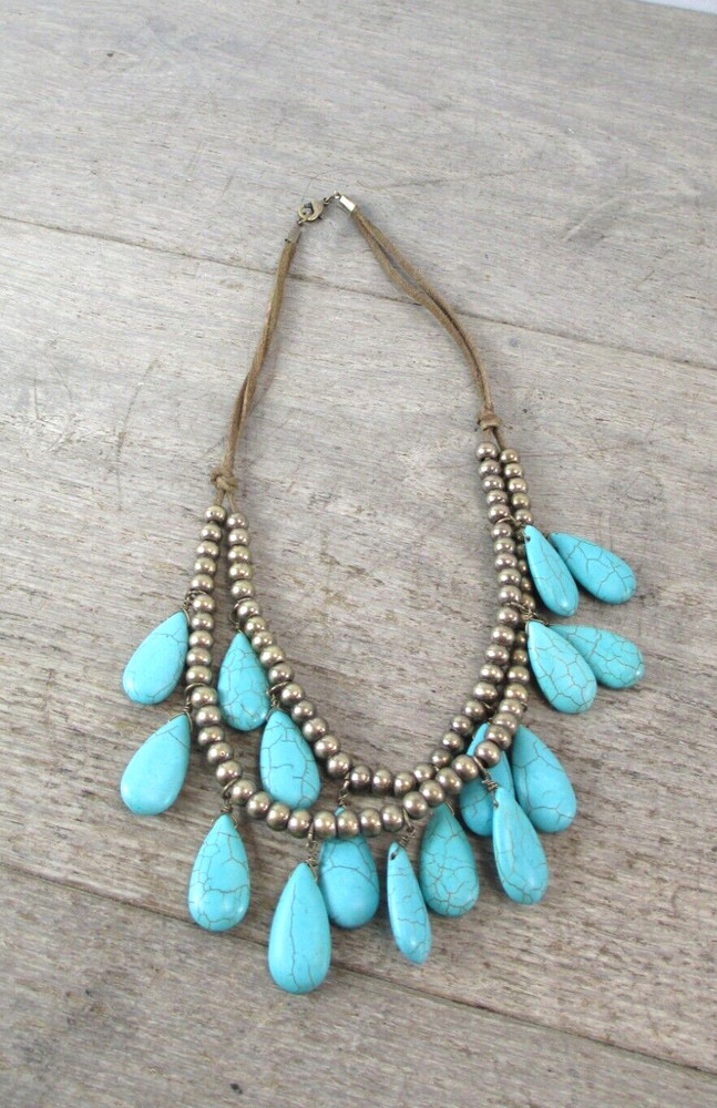 Vintage Faux Turquoise Teardrop Multi Strand Necklace Costume Statement 20” VTG