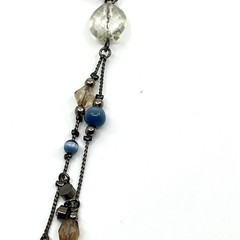 Vintage Y2K Gunmetal Blue Beaded Y-Necklace Tassel Drop Boho Aesthetic Classic