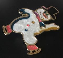Snowman Ice Skating Christmas Winter Pin Gold Tone Metal & Enamel Vintage