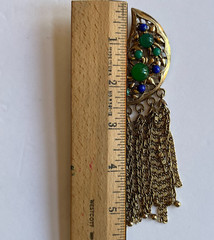 Lisner Vintage Crescent Moon Pin Brooch Jeweled Tassels Gold Tone Blue Green