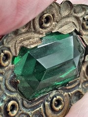 Antique Bohemian Edwardian Art Nouveau Brooch Green Glass Bronze Prong Set Pin