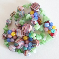 Vtg Antq Czech Glass Marbled Slag Melon Ball Tutti Frutti Bead Cluster Necklace