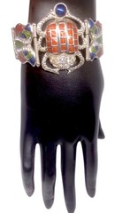 Vintage Signed EDGAR BEREBI Cleopatra Scarab Enamel & Crystal Link Bracelet 7.5”