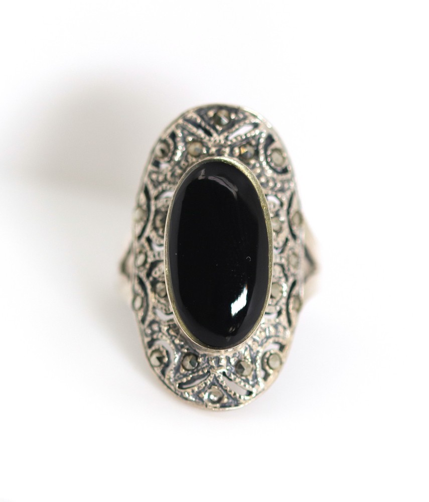 Sterling Silver Art Deco Ring 1915-1935 Onyx & Markasit, Oval, Gr. 57