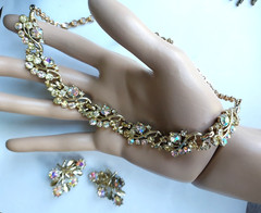 Aurora Borealis Set Necklace Clip On Earrings Rhinestone Vintage Demi