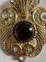 Vintage JEFF LIEB Purple Glass Cabochon Rhinestone Faux Pearl Pin Brooch B4