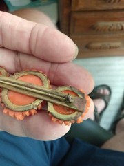 Antique Red / Orange Coral Color Czech Glass Pin / brooch carved chrysanthemum