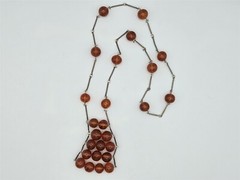 Amber Bead Modernist Necklace Silver Tone & 14 mm 30″