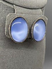 Vintage Blue Oval Clip On Earrings Silver Tone Bezel Cabochon Acrylic Mod Style