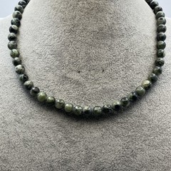 Vintage Dark Green Serpentine 6mm Natural Stone Beaded Necklace Barrel Clasp