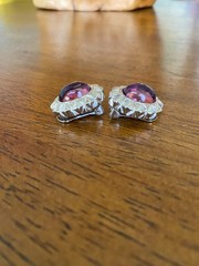 Vintage Ginnie Johansen Purple Glass Cabochon Clip-On Earrings Silver Tone 1984