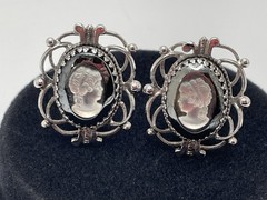 Vintage Whiting & Davis Silver Hematite Cameo Clip EARRINGS Filigree Signed