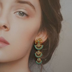 Vintage Turquoise Fan Earrings & Brooch Gold Statement Dangle Earrings Jewelry