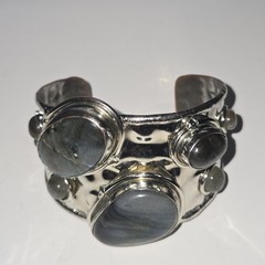 Vtg Metal Cuff Bracelet Labradorite Stones Brutalist Art Adjustable Bold Design