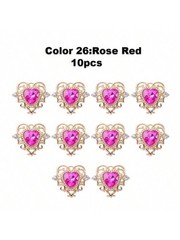 10pcs Rose Red 10 Heart Pendant Gold Zinc Alloy Rhinestone Baroque Style