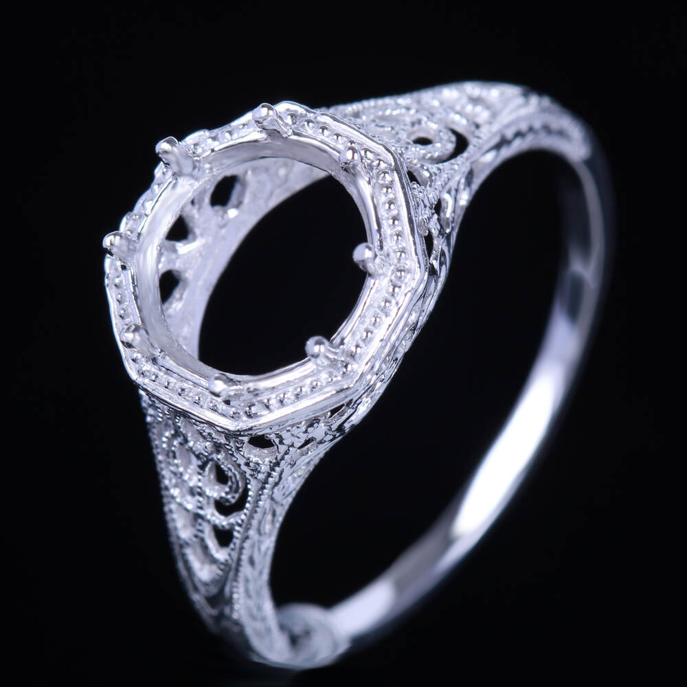 No Plated Sterling Silver Round 7-8mm Semi Mount Vintage Filigree Ring Jewelry