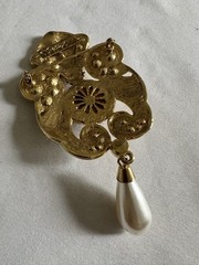 Vintage JEFF LIEB Purple Glass Cabochon Rhinestone Faux Pearl Pin Brooch B4