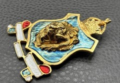 HUGE Accessocraft NYC 80s Vintage Leo Lion Shield Crown Brooch Gold Tone Enamel