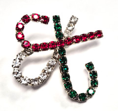 Vintage Holiday White, Red & Green Rhinestone Christmas Candy Canes Pin / Brooch