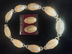 VTG Anne Klein Bold Hammered Gold Tone Link Necklace Clip On Earrings Set