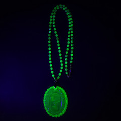 Uranium Glass Necklace 23” Cameo Pendant Vaseline Yellow Czech Beads