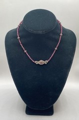 Sterling Silver 925 Garnet Beaded Necklace Ornamental Pendant 15.5″ 19g