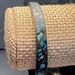 Inlaid Turquoise Colored Stone and Brass Bangle Vintage Tribal Stacking Fits 8″