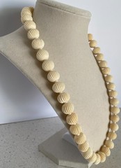 Vintage Carved Beaded Necklace Faux Ivory Celluloid Ribbed Beads Barrel Closure