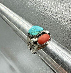 Vintage Sterling Turquoise Coral Unisex Ring Signed VL Vera Luna Size 8.5