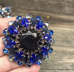 Vintage Blue Crystal Cluster Silver Tone Round Dome AB 2.25” Mid Century Brooch