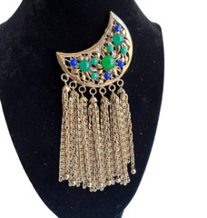 Lisner Vintage Crescent Moon Pin Brooch Jeweled Tassels Gold Tone Blue Green
