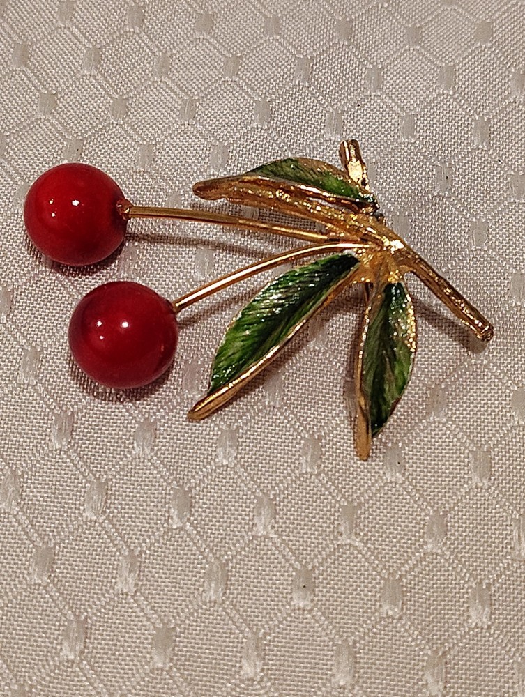 Vintage Enamel Cherry Berry Red Gold Green Leaves Branch Brooch Pin 2.5″ Long