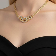 Vintage Gold Woven Mesh Collar Necklace Interlocking Ring Pierced Clip Earring