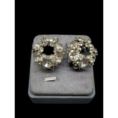 Signed Vintage Warner Clear Rhinestone Wreath Clip On Earrings 1950 Original Box