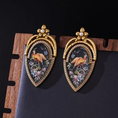 Vintage Victorian Peacock Drop Earrings Gold Pearl Rhinestone Art Women Jewelry