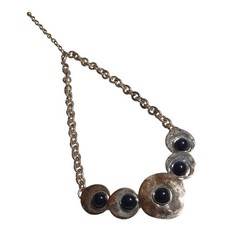 Vintage Chunky Silver Tone Chain Necklace Black Cabochon Discs Statement Jewelry