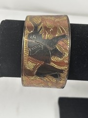 Copper and Zinc Vintage Wide Cuff Bracelet with Etched Elephant