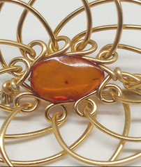 Vintage Wire Wrap Gold Tone Brooch Floral Theme Dark Orange Cabochon