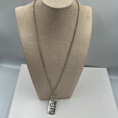Vintage Silver Tone “Be Be Be” Dog Tag Necklace Heart Charms Rhinestone Accent