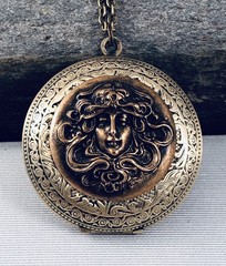 Vintage Goddess Lady w/ Headpiece Locket Necklace, Art Nouveau Victorian Pendant