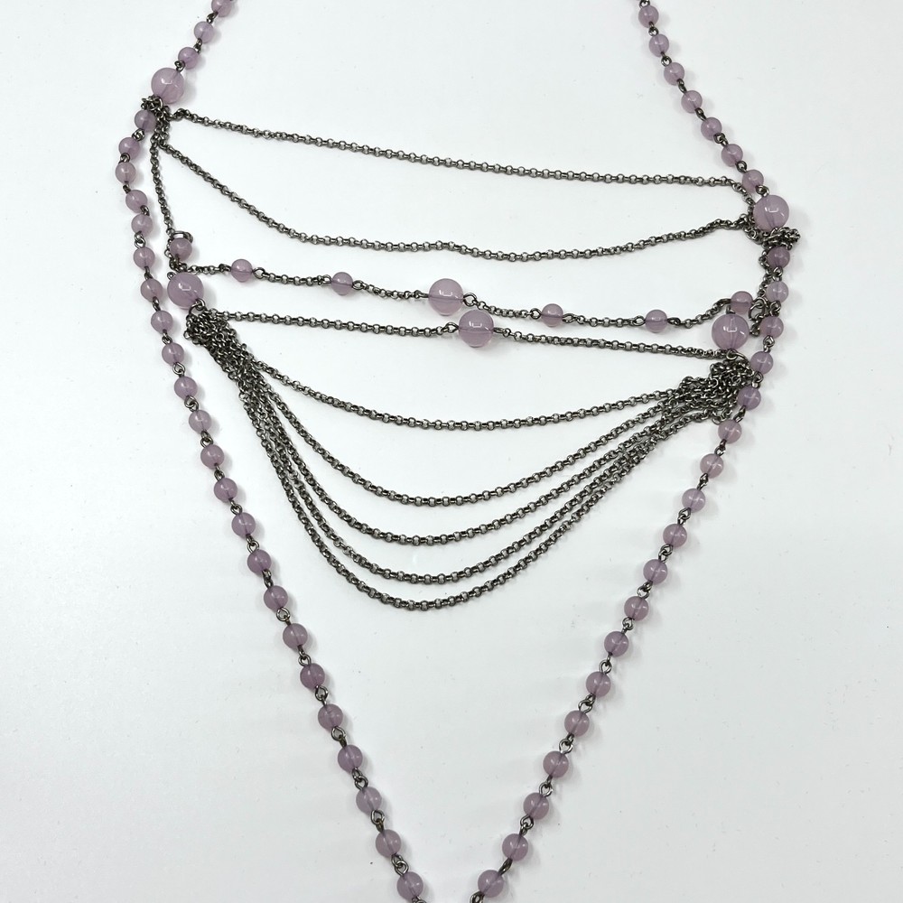 VTG Y2K Multi-Layered Purple Bead & Silver Tone Chain Draped Statement Necklace