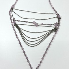 VTG Y2K Multi-Layered Purple Bead & Silver Tone Chain Draped Statement Necklace