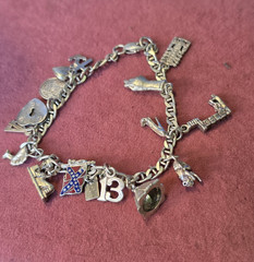 Vintage Sterling Charm Bracelet & 16 Unusual Sterling Silver Charms 7” L -25Gr