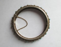 VINTAGE CHINESE STERLING SILVER ENAMEL TURQUOISE HINGED BANGLE BRACLET EXPORT