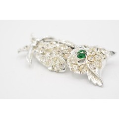 Vintage Crystal Owl Brooch Pin Rhinestone Green Eyes Silver Tone Sparkling Bin1