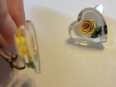 Vtg Estate Clip Earrings Acrylic Resin Heart Shaped Inlaid Yellow Rose Jewelry