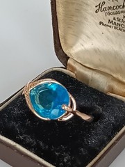 Vintage 1990-s 14 Ct Rolled Gold Blue Topaz Ring Size UK O US 7 1/2- Hallmarked