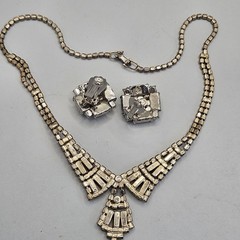 Vintage Art Deco Rhinestone Necklace Earrings Set Clear Baguette Pave Lot 15″
